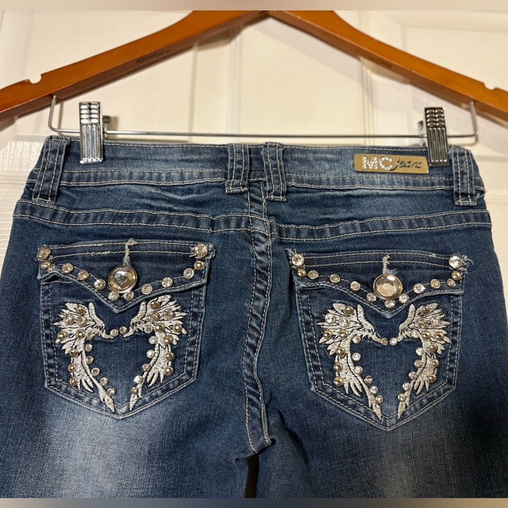 Miss Chic Embroidered & Rhinestone Skinny Distressed Blue Jeans - Picture 5 of 8